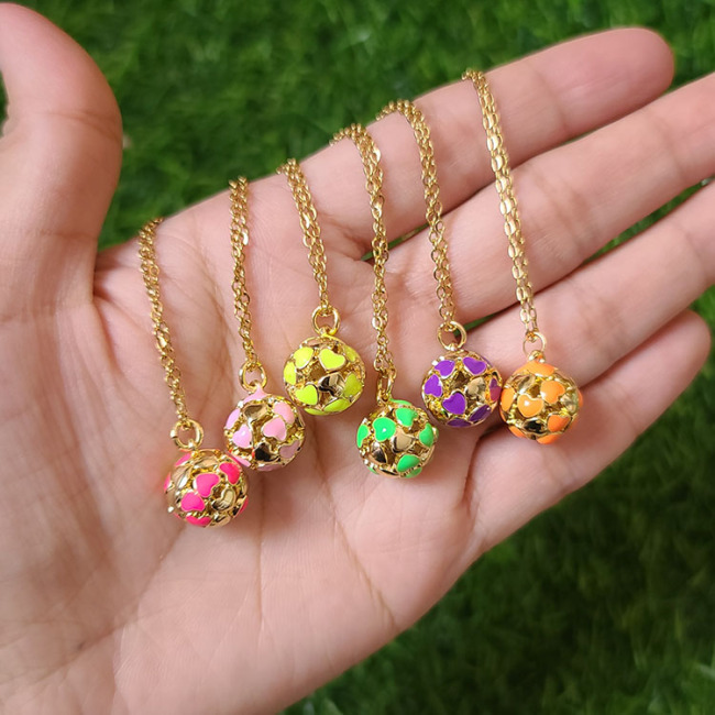 NM1255 Gold Plated Stainless Steel Chain Enamel Multi Colored Heart Ball Pendant Necklace for Women