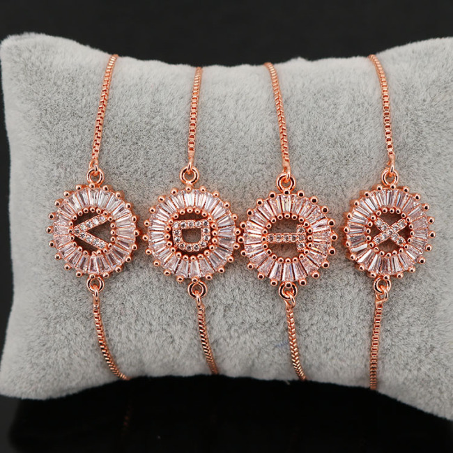 BC1163 Fashion design Wholesale Bling Crystal Rose gold plated Micro Pave Cz Initial Letter Charm Bracelet with Slide Chain