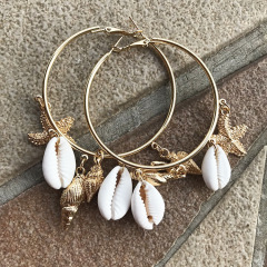 EM1065 Hawaiian Beach Vacation or Daily Wear Hoop Sea Shell Earrings for Women - Cowrie Shell Dangle Earrings