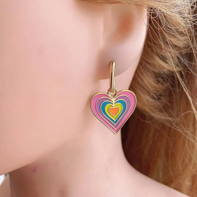 EM1283 18K Gold Plated Rainbow Enamel Colorful Heart Drop Huggie Female Earrings for Women Ladies 2021