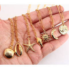 NZ1171  new arrival fashion shell pendant brass charm with cubic zircon trendy women chain starfish and crescent ladies necklace