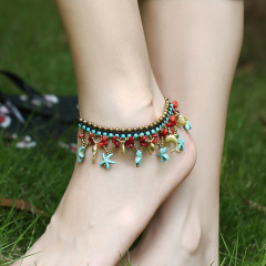 AS1010 Vintage Handmade Turquoise Beaded Star and dolphin Fish Charm Macrame Anklets for Women, Boho Bohemian Anklet for Girls