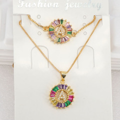 S11048 Bling Jewelry Rainbow Cubic Zirconia Alphabet Letter Pendant Necklaces and Bracelet A-Z Initial jewelry sets for Women