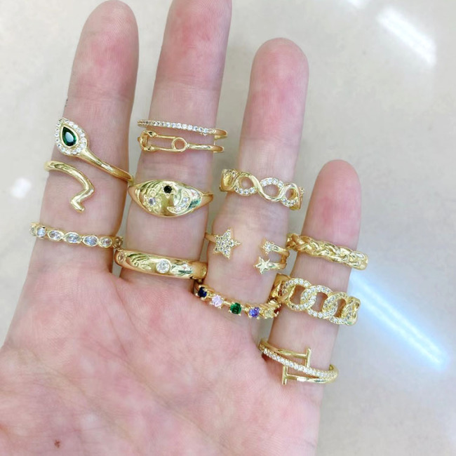 RM1346 Dainty Minimalist 18k Gold Plated Crystal CZ Micro Pave Safety Pin Crescent Moon and Star Signet Rings
