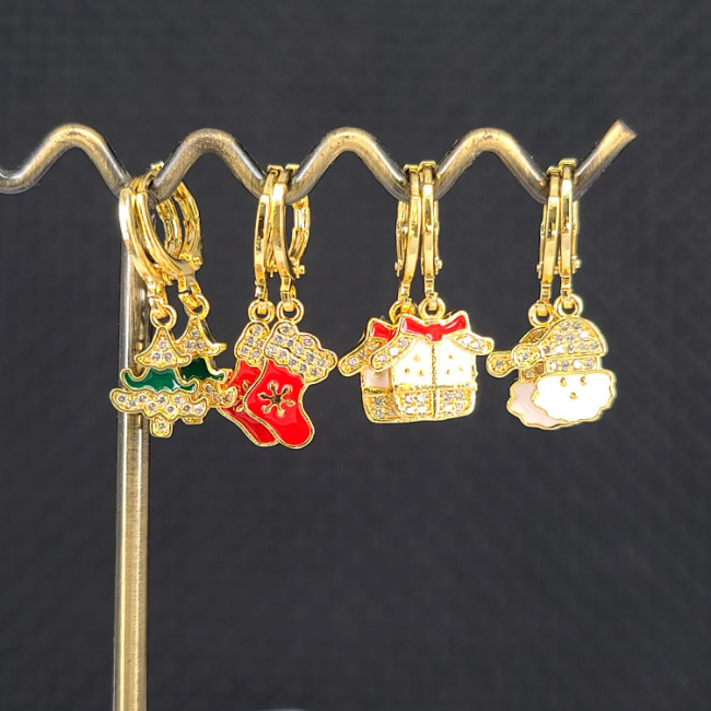 EC1794 Fashion Christmas Xmas Jewelry Gift,Dainty Multicolor Enamel CZ Paved Christmas Santa Claus Sock Tree Earring For Ladies