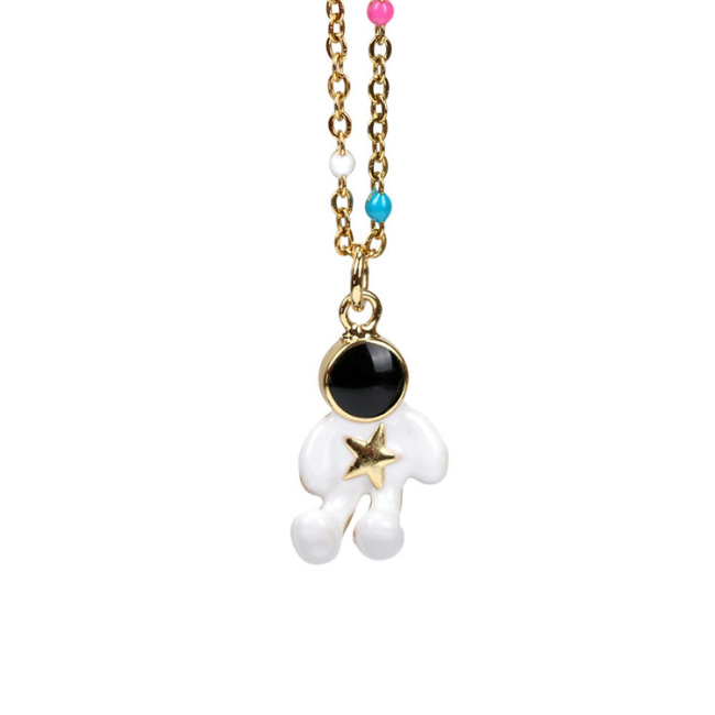 NM1242 Fashion Black White Enamel Space astronauts Pendant Rainbow Enamel Gold Plated Stainless Steel Chain Necklace