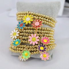 BM1048  Trendy tiny 4mm gold accent ball beaded stretch bracelet with enamel smiley daisy flower charms