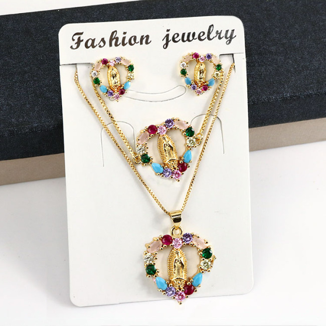 S11057 Bling Jewelry Rainbow  Cubic Zirconia Blessed Mother Virgin Mary Earring Necklaces and Bracelet jewelry sets for Women