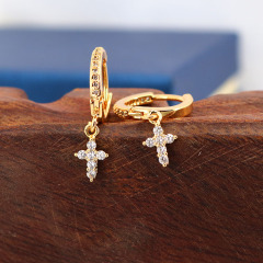 dainty mini 18k gold plated diamond cz micro pave moon and star cross wing lighting cross dangle charm huggies hoop earrings