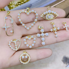CZ8536  Small Mini 18K Gold Plated brass Cubic Zirconia diamond Pearl Paved Heart Cross Charm Pendant