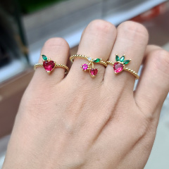 RM1228 New 18K Gold Plated Brass Big Stone Color Gemstone Fruit peach apple strawberry grape Tiny Link Chain Rings For Ladies