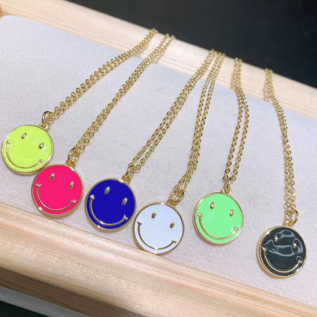 NM1055 2021 Fashion Popular Jewelry Gold Plated Enamel Smile Happy Face Smiley Pendant Stainless Steel Chain Necklace Jewelry