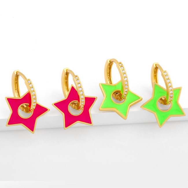 EC1692  Chic Delicate Spring Rainbow Neon Enamel Star Charm CZ Pave Huggies Earrings for Women