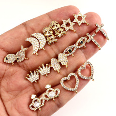 EC1244 Earring Findings Gold CZ Micro Pave Fish Heart Eye Cross Star Skull Stud Earring Post with Connector Open Ring Loop EC1244 Earring Findings Gold CZ Micro Pave Fish Heart Eye Cross Star Skull Stud Earring Post with Connector Open Ring Loop