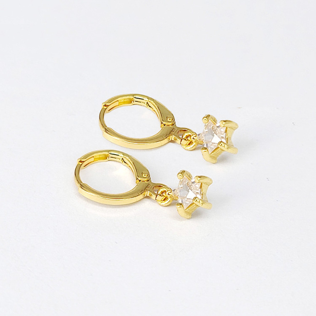 EC1760 18k Gold Plated CZ Diamond Cubic Zirconia Star Dangling Drop Charm Huggies Hoop Earrings