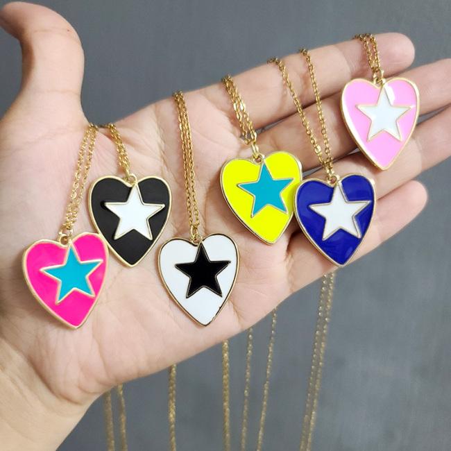 NM1183 2021 Summer Beach Jewelry Gold Plated Neon Enamel Multi Color Star on Heart Shape Pendant Chain Necklaces