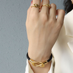 BS3115 Non Tarnish Boho Thick 18K Gold plated Stainless Steel Infinity Magnetic Clasp, Gold Knot Leather Bracelet
