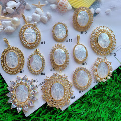 CZ8490 Gold Plated CZ Pave Mother of pearl  medal Virgin Mary pendant, religious catholic Jewelry Pendants