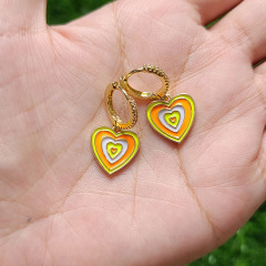 EC1771 18k Gold Plated CZ Rainbow Multicolor Heart Dangling Drop Charm Huggies Hoop Earrings