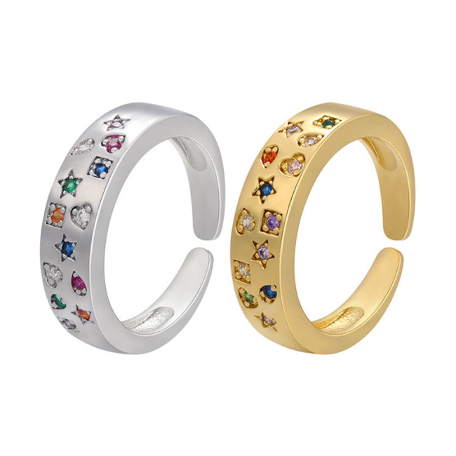 RM1235 fashion Brass Metal colored star heart square CZ diamond micro pave cuff Rings