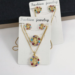S11057 Bling Jewelry Rainbow  Cubic Zirconia Blessed Mother Virgin Mary Earring Necklaces and Bracelet jewelry sets for Women