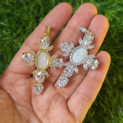 Fashion 18k Gold Plated CZ MOP White Shell Blessed Mother Virgin Mary Saint Halo Cross Pendants Religious Jewelry Supplies