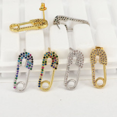 EC1457 Dainty Ladies' Gold Rainbow CZ Micro Pave Safety Pin Earrings , Fashion Diamond Safety Pin Stud Earrings