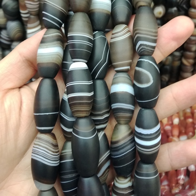 AB0800 Matte black brown striped agate drum beads,vintage black banded agate barrel beads,mala focal beads