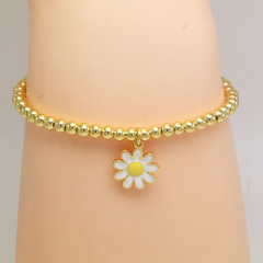 BM1048  Trendy tiny 4mm gold accent ball beaded stretch bracelet with enamel smiley daisy flower charms