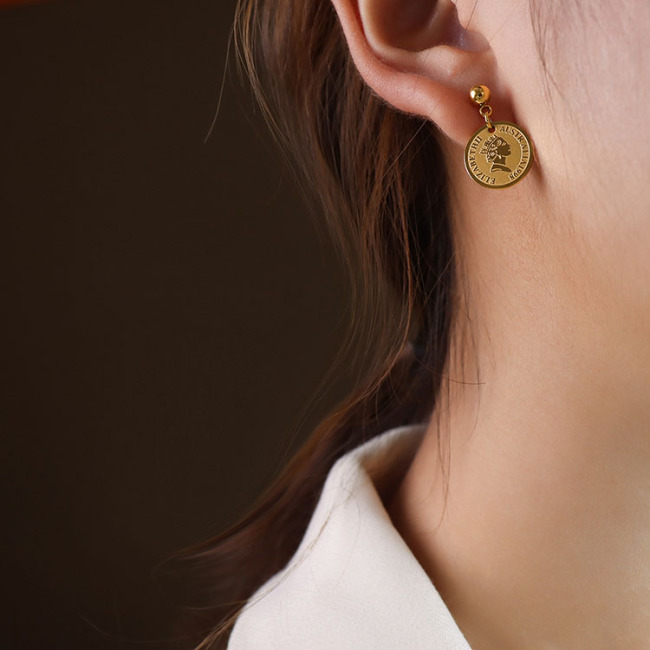 ES1095 High Quality Non Tarnish Gold Plated Stainless Steel Coin Drop Charm Stud Earrings