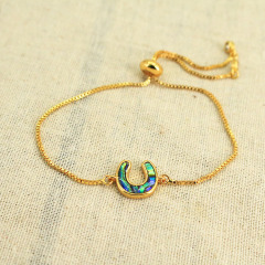 Fashion Gold Plated Abalone Shell Lucky horseshoe charm adjustable bracelet, good luck horse shoes bracelet with slider chain