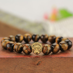 BRS1506G natural gemstone beaded bracelet stainless steel lion head mens stretch bracelet