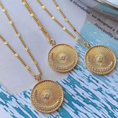 NZ1307 New Chic Gold CZ Diamond Rectangle Medal North Star Crescent Coin Disc Pendant Paperclip Link Chain Necklace