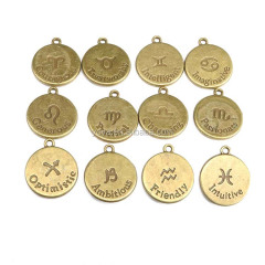 JS1331 High quality antique bronze horoscope disc charm,zodiac astrology pendant for birthday gift