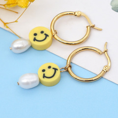 EP1011  Smiley Face Jewelry,Freshwater Pearl Earrings,Smiley Charm Stainless Steel Hoops