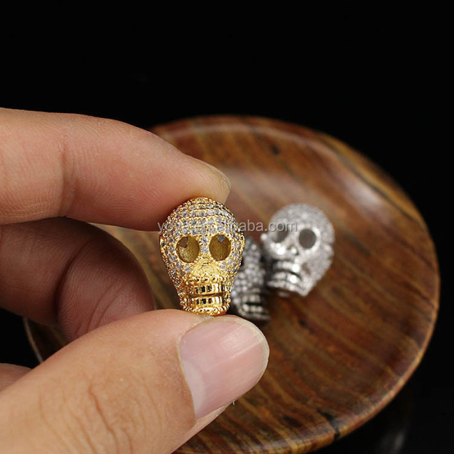 CZ6698 Silver gold rose gold gunmetal CZ micro pave skull head beads for men bracelets