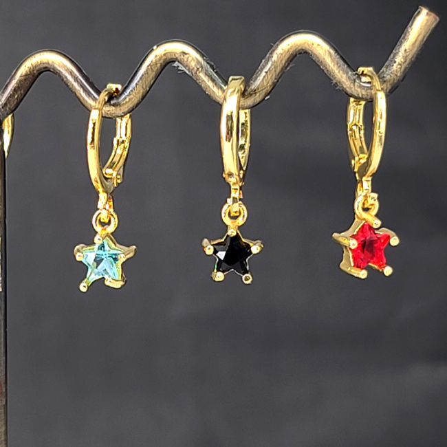 EC1760 18k Gold Plated CZ Diamond Cubic Zirconia Star Dangling Drop Charm Huggies Hoop Earrings