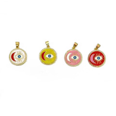 CZ8454 Rainbow Enamel Multicolor CZ Zircon Micro Pave Evil Eyes and Moon on Disc Round Charm Pendant for Necklace Jewelry Making