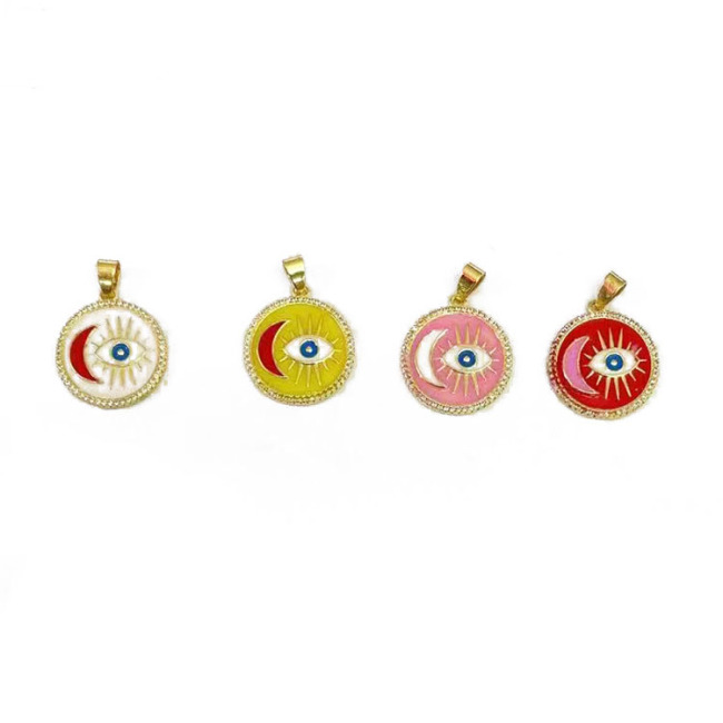 CZ8454 Rainbow Enamel Multicolor CZ Zircon Micro Pave Evil Eyes and Moon on Disc Round Charm Pendant for Necklace Jewelry Making
