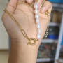 NP1020 Fashion Popular Chic Gold Half Freshwater Pearl Half Paperclip Link Chain Spring Sailors Spring Clasp Necklace