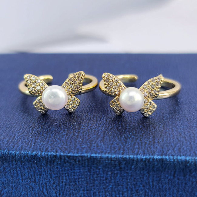RM1303 Gold Silver Plated Minimalist Micro Pave CZ Insect Butterfly Dragonfly Bee Bird Animal and Pearl Open Rings