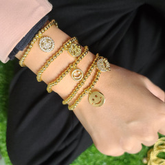 BC1331 Popular Small Gold Beaded Elastic Bracelets with Smiley Charm CZ Diamond Mirco Pave Emoticon Smiley Charm Bracelets