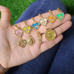 CZ8494 Dainty CZ Micro Pave Jewelry Charms 18k Gold CZ Paved Enamel Heart Lock and Key Saint Benedict Charm Pendants