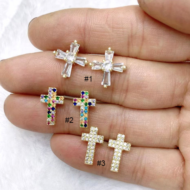 EC1811 Trendy Minimal tiny mini 18k Gold Plated CZ Micro Pave Cross Stud Earrings,dainty Diamond Pave Cross Studs for Women