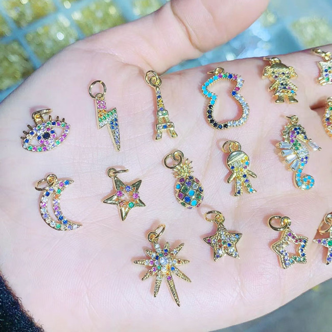 CZ8120 Dainty Mini Small Multicolor CZ North Star Bracelet Charm,Tiny Rainbow Cubic Zirconia Eye Moon LIghtning Bolt Charm