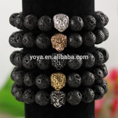 BRS1503 natural lava stone bead stretch bracelet,stainless steel lion head mens bracelet