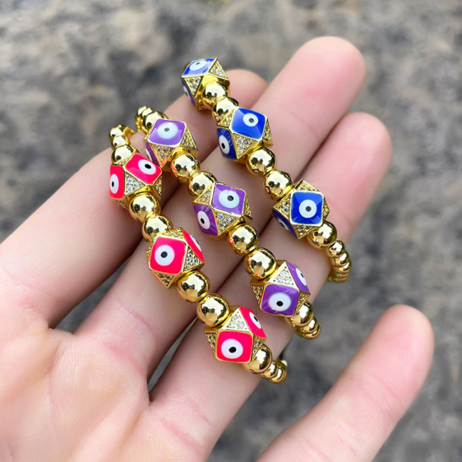 BM1093 18k Gold Plated Beaded Enamel Evil Eyes Dodecahedron Shape Bead Macrame Adjustable Bracelets