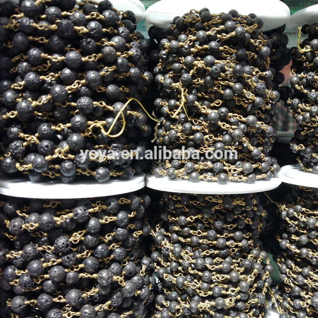 BCL1173 Hotsale Round Black Lava Bead Brass Wire Wrapped Rosary Chains