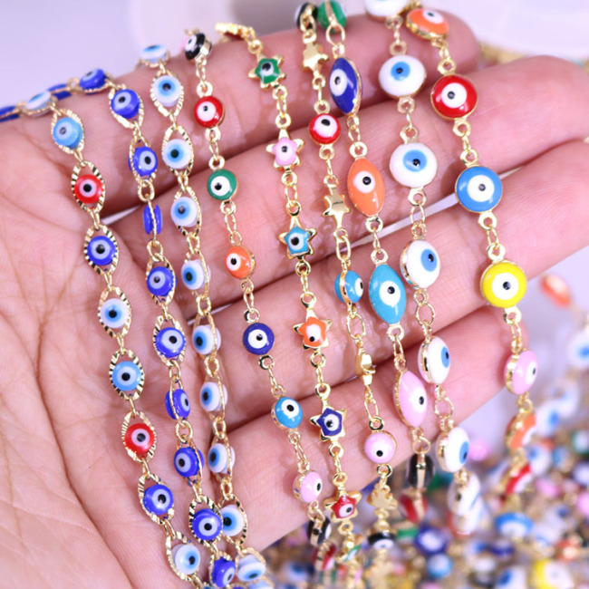 BCL1232 Rainbow Colorful Glass Enamel Evil Eyes Gold Plated Rosary Chain, Marquee Beaded Chain, Gold Necklace Body Belly Chains