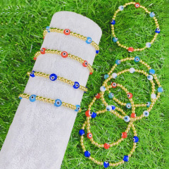 BM1090 Delicate Small Tiny 18K Gold Plated Beads with Multi Colored Glaze Evil Eyes Jewelry Elastic Bracelets for Women 2021